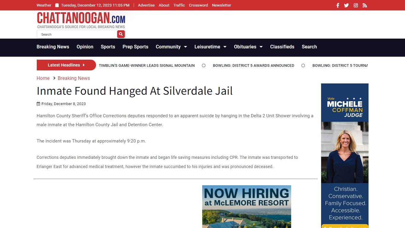 Inmate Found Hanged At Silverdale Jail - Chattanoogan.com